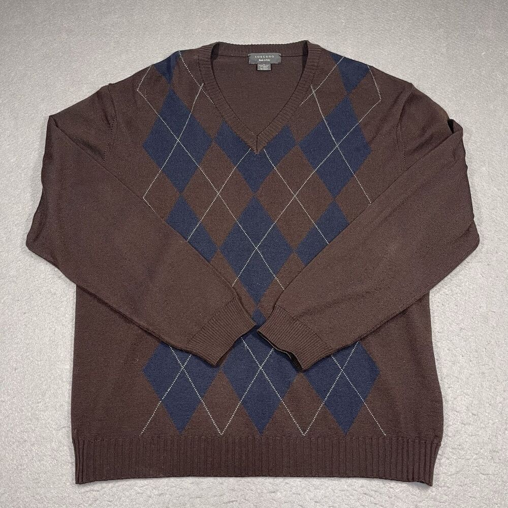 Toscano Sweater Mens XL Brown Argyle VNeck Merino Wool Blend Knit Made in Italy